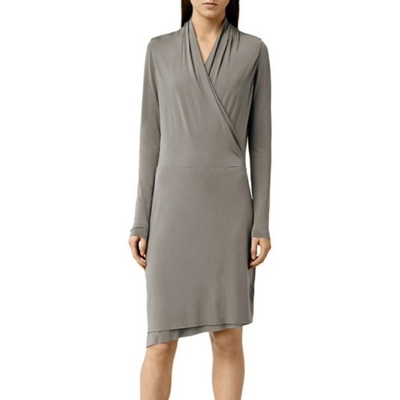 All Saints Tame Faux Wrap Minimalist Neutral Dress in Grey Size XS - Picture 1 of 13